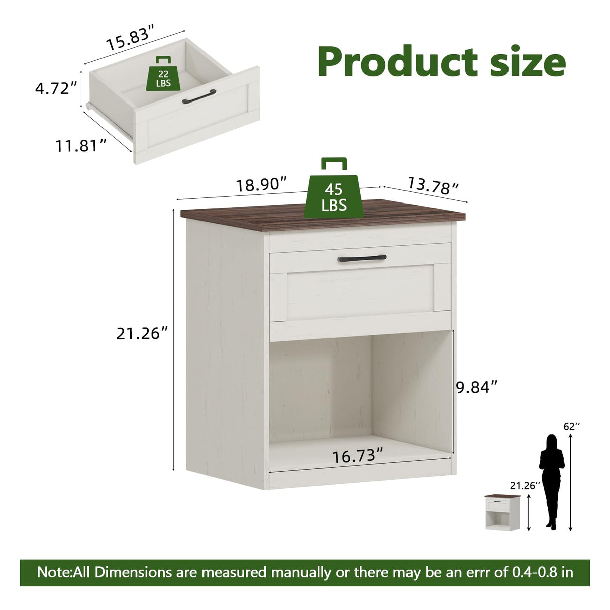 Vikiullf Farmhouse Nightstands Set of 2, Bedroom Night Stand with 1 Drawers, Wooden Bedside Tables 15.6" D x 18.7" W x 21.26" H, White and Brown Wood Grain Finish Vikiullf