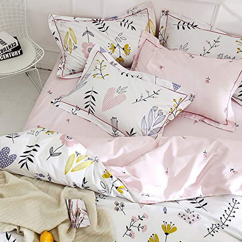 BuLuTu Floral Love Print Girls Duvet Cover Full White/Pink Cotton Premium Blossom Kawaii Reversible Kids Bedroom Comforter Cover Queen Duvet Cover for Toddler,Teen,Lightweight,Zipper Closure BuLuTu