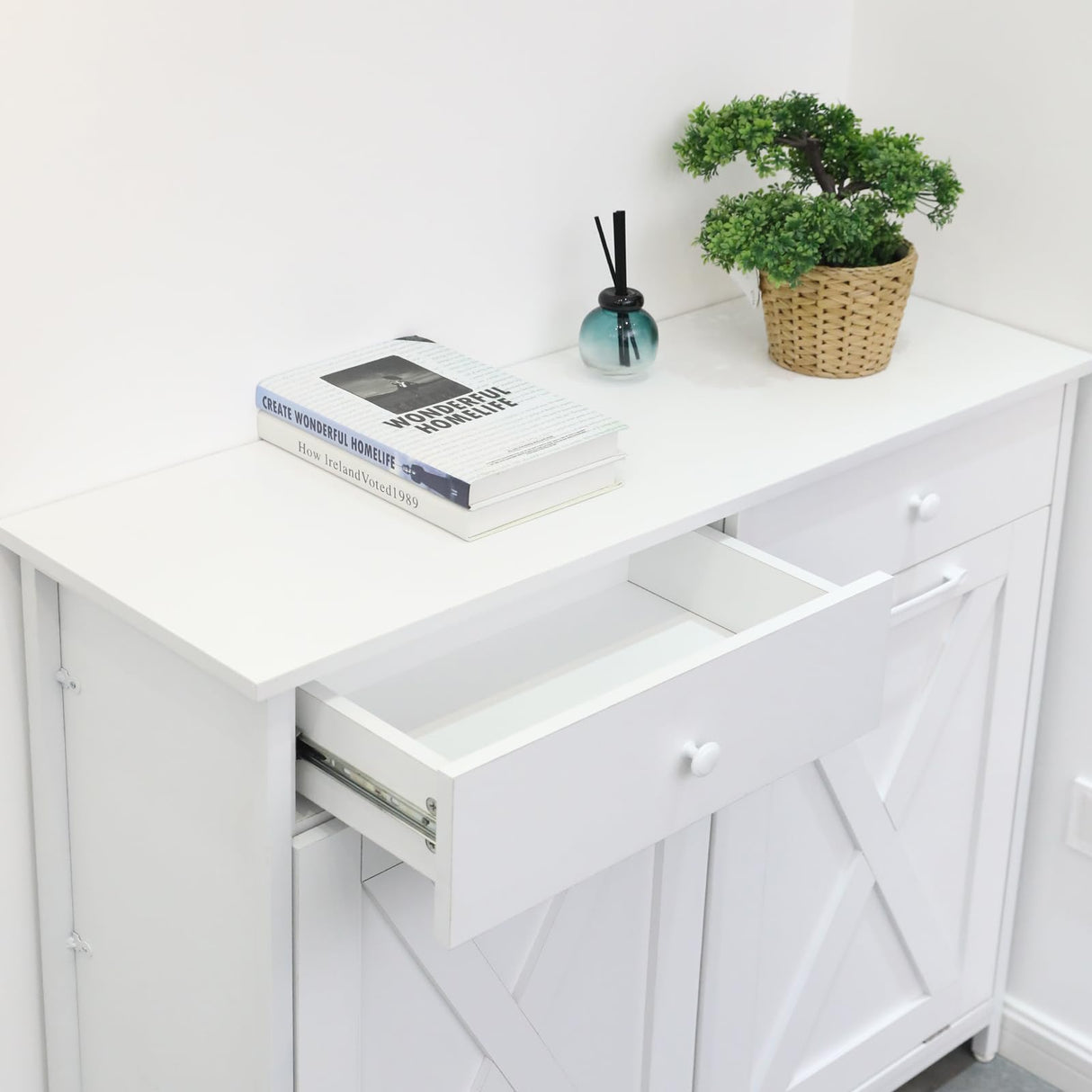 Clevich Double Tilt Out Trash Cabinet 20 Gal, Kitchen Wooden Recycling Cabinet, Hidden Trash Can Holder w/Drawers & Tabletop, Dog-Proof Trash Bin Cabinet, Trash Bins NOT Included(White) Clevich