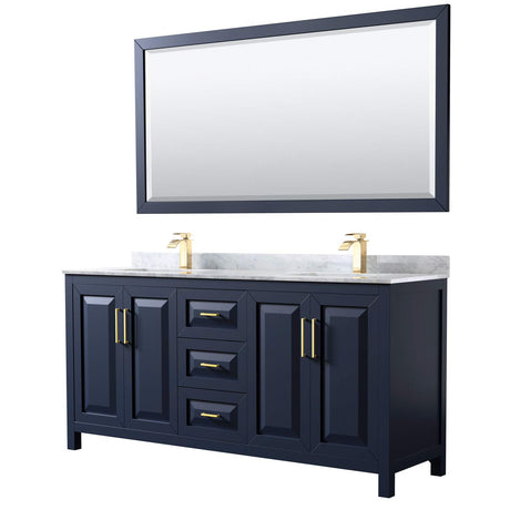 Daria 72 Inch Double Bathroom Vanity in Dark Blue, White Carrara Marble Countertop, Undermount Square Sinks, 70 Inch Mirror Wyndham Collection