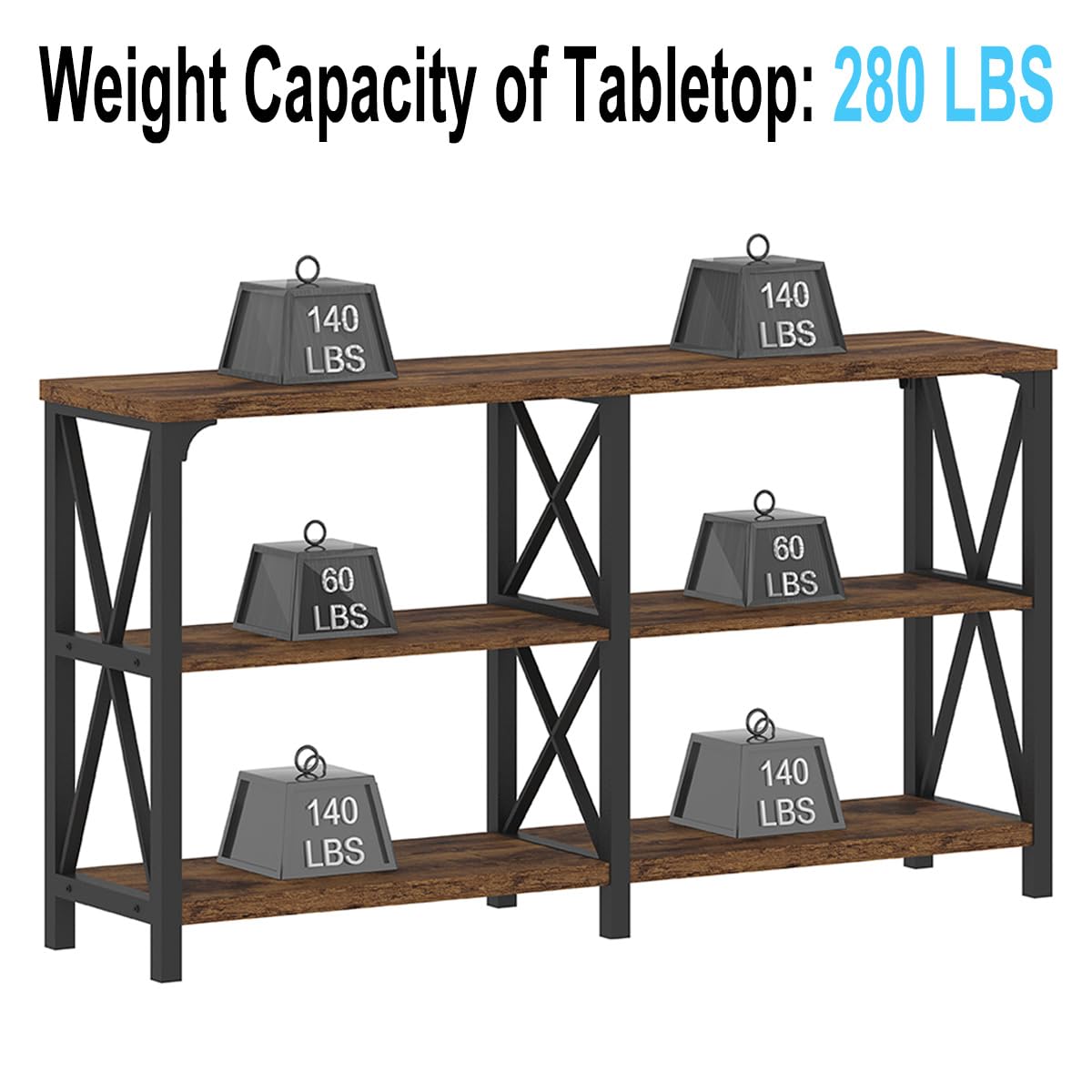 LVB Rustic Console Table, Industrial Wood Metal Sofa Table Behind Couch, Farmhouse Long Entryway Table with Storage Shelf, Large Wooden Foyer Hallway LVB