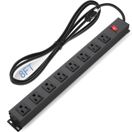 8 Outlet Power Strip Surge Protector, 8 Feet Metal Power Strip Heavy Duty with Switch for Home Office School Shop Garage, Wall Mount with Screw, 2100J 15A 125V 1875W, 14AWG, SGS Listed, Black CFMASTER