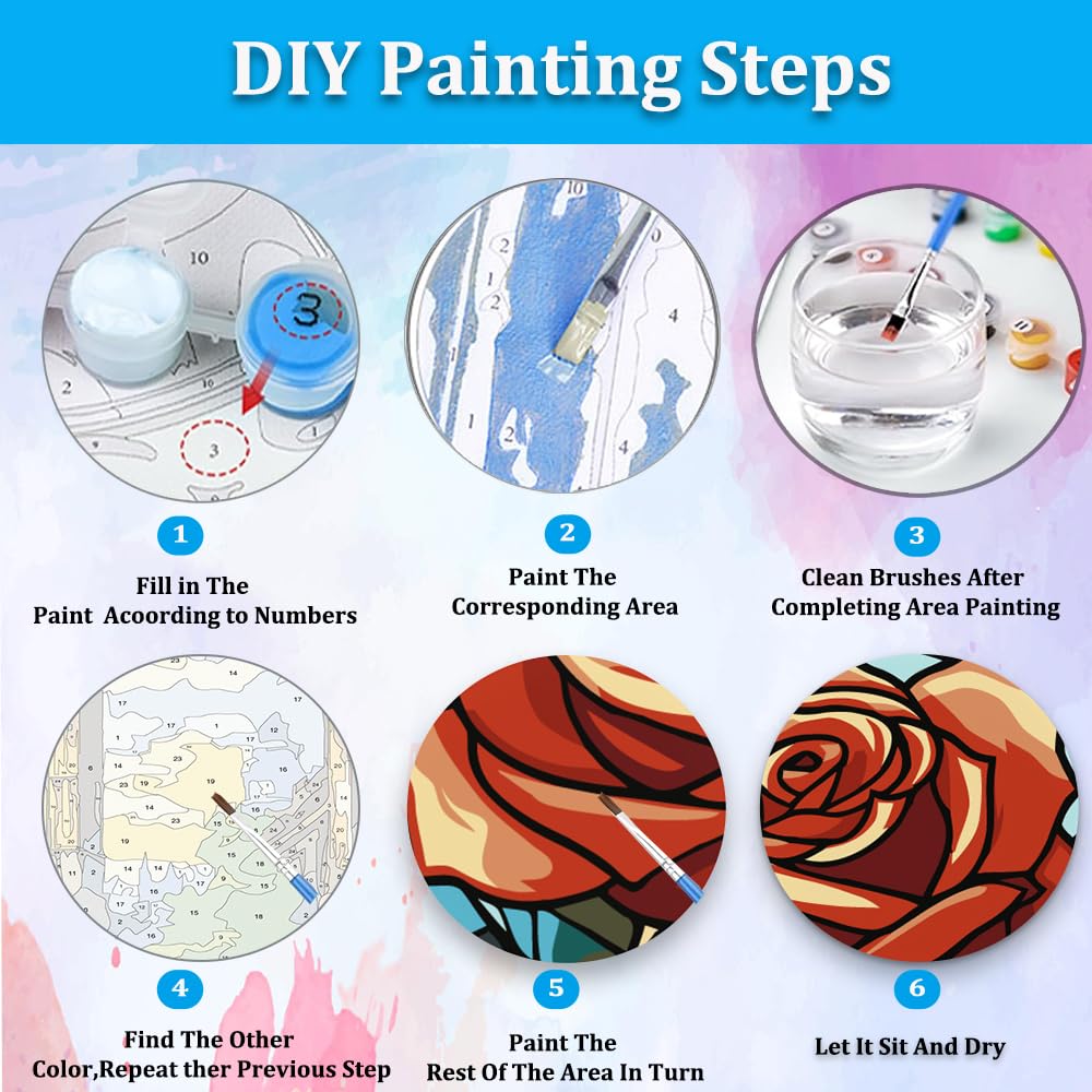 Artunion Framed Paint by Numbers Kit for Adults Beginners & Kids Ages 8-12,Red Rose Flower Paint by Number with Frame, Stained Glass Paint by Numbers Kit on Canvas 10 * 10 Inch Without Easel Artunion