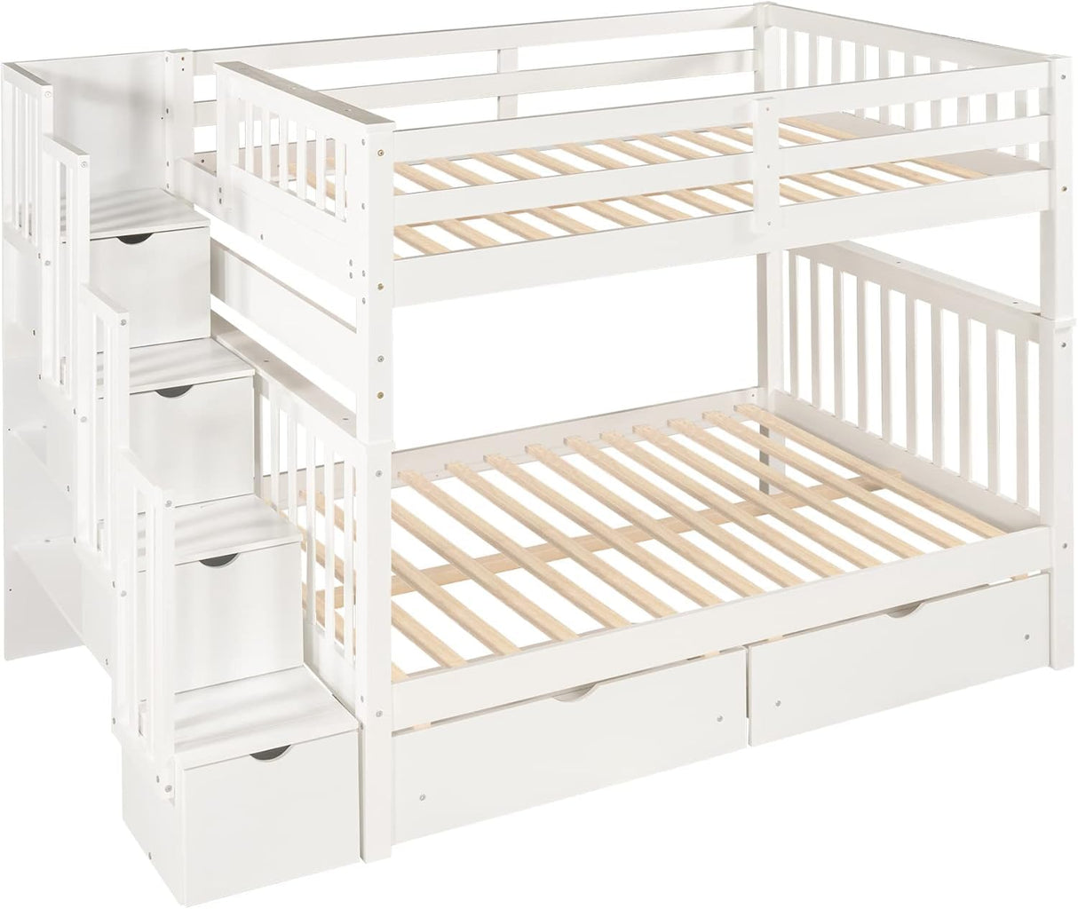 MERITLINE Full Over Full Convertible Bunk Bed with Storage Stairs, Storage Shelves and Drawers,Solid Wood Detachable Bunk Bed with Bookcase and Ladder for Adults,No Box Spring Needed (White) MERITLINE