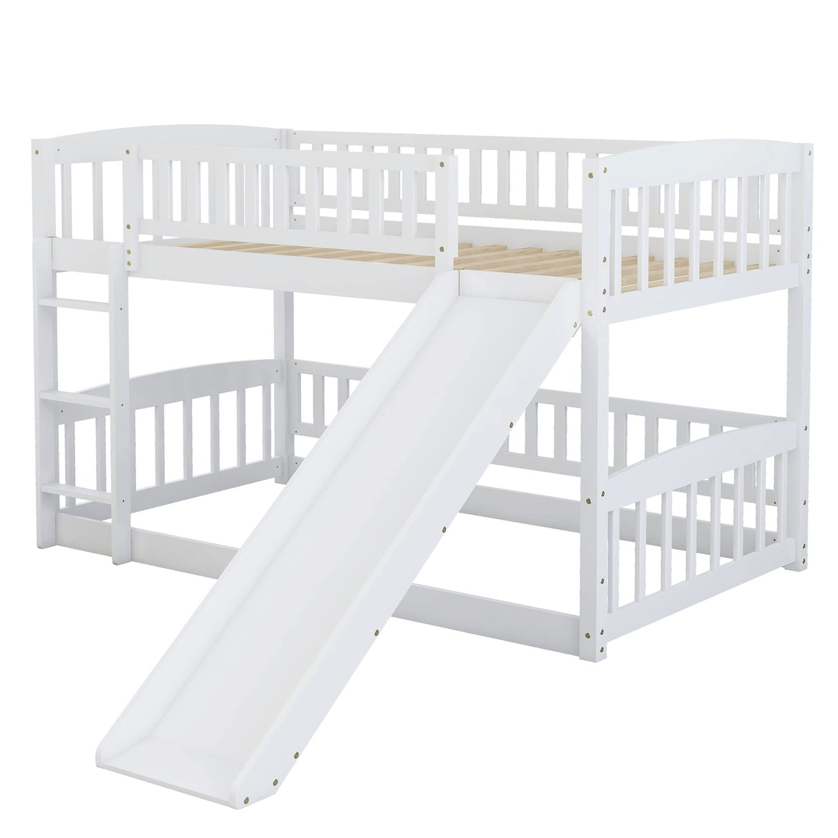 Bellemave Bunk Bed Twin Over Twin with Slide and Stairs, Twin Bunk Bed for Kids, Girls, Boys, Floor Bunk beds with Fence and Door, White Bellemave
