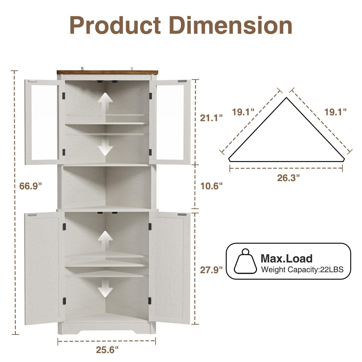 67''H Tall Corner Cabinet with 4 Tempered Glass Doors and Barn Doors, Farmhouse Storage Cabinet with 5 Adjustable Shelves, Home Pantry Hutch for Kitchen, Dining Living Room, Bathroom, Antique White FiveWillowise