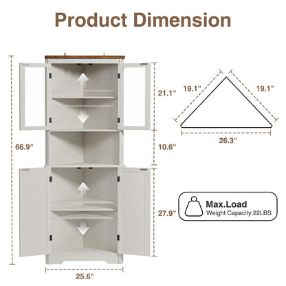 67''H Tall Corner Cabinet with 4 Tempered Glass Doors and Barn Doors, Farmhouse Storage Cabinet with 5 Adjustable Shelves, Home Pantry Hutch for Kitchen, Dining Living Room, Bathroom, Antique White