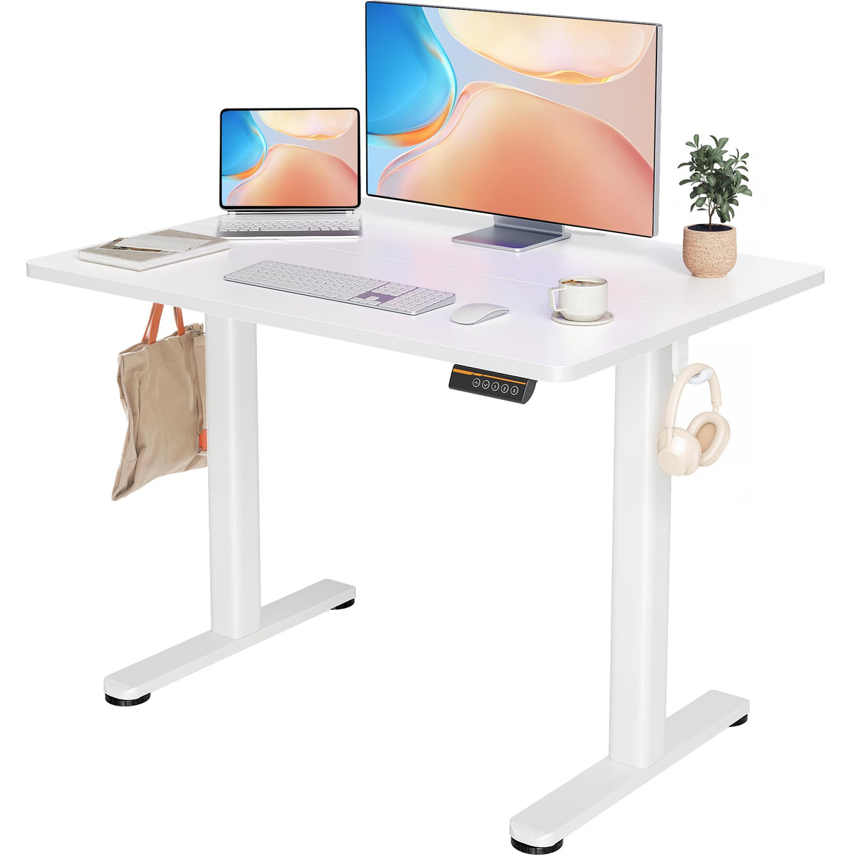 YDN Electric Standing Desk Adjustable Height, 40 x 24 Inches Stand up Desk with Cable Management, Home Office Desks with Splice Board & White Frame, White Top YDN
