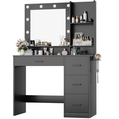 Furmax Vanity Desk with LED Lighted Mirror&Power Outlet, 39.3’’ Makeup Vanity Table with 4 Drawers and 3 Storage Shelves, Adjustable 3 Lighting Colorfor Bedroom&Dressing Room (Black) Furmax