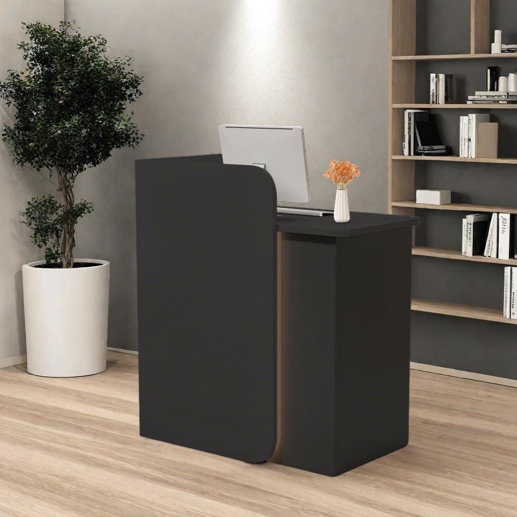 HEOTJUUQ Modern Reception Desk with Curved Privacy Panel & LED Light Strip, Lockable Drawers, 6 Color Options Front Counter Desk, Retail Checkout Counter for Salon, Office, Boutique(Black) HEOTJUUQ