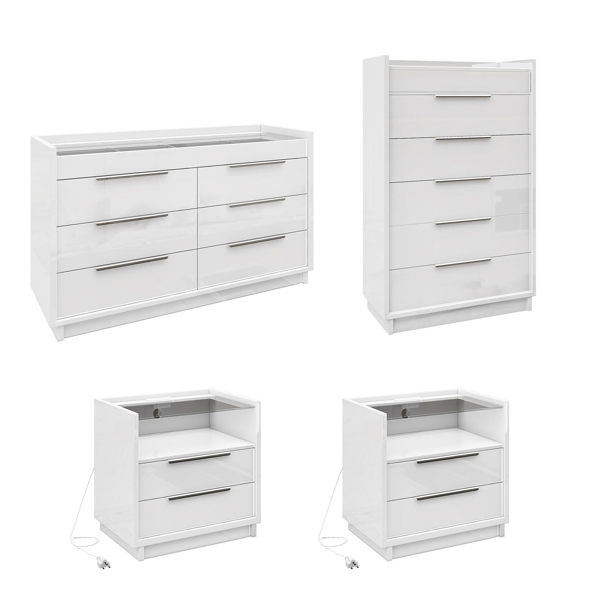 AMERLIFE 4 Piece Bedroom Furniture Set, 2 Nightstands with Charging Station, 8 Drawer Dresser with LED Light & 5 Drawer Chest, Modern High Gloss UV Finish, Bedroom Storage Organizer, White AMERLIFE