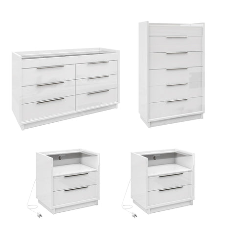 AMERLIFE 4 Piece Bedroom Furniture Set, 2 Nightstands with Charging Station, 8 Drawer Dresser with LED Light & 5 Drawer Chest, Modern High Gloss UV Finish, Bedroom Storage Organizer, White AMERLIFE