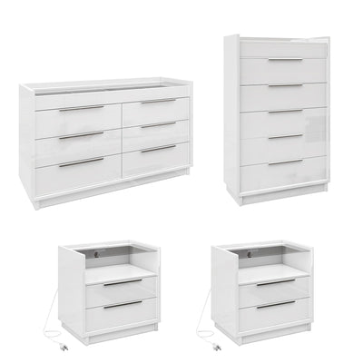AMERLIFE 4 Piece Bedroom Furniture Set, 2 Nightstands with Charging Station, 8 Drawer Dresser with LED Light & 5 Drawer Chest, Modern High Gloss UV Finish, Bedroom Storage Organizer, White