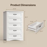 Gizoon 5 Drawer Dresser, White Wood Chest of Drawers for Bedroom, 43.3" Large Capacity Storage Cabinet with Anti-Tip Device, for Clothes, Living Room, Hallway, Office Gizoon
