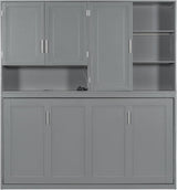 Twin Horizontal Murphy Bed with Storage Cabinet, LED Light and Charging Station,Wood Folding Murphy Wall Bed Cabinet with Bookcase and Shelves for Adult (Grey) MERITLINE