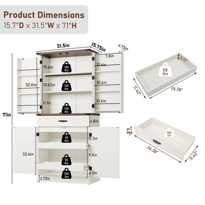 71" Tall Kitchen Pantry Cabinet with 3 Drawers, Farmhouse Storage Cabinet with 6 Barn Door Shelves,with Load-Bearing Steel Pipe and Adjustable Shelves,Pantry Organizer for Kitchen,Living Room(White)