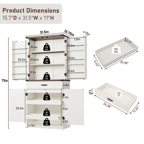 71" Tall Kitchen Pantry Cabinet with 3 Drawers, Farmhouse Storage Cabinet with 6 Barn Door Shelves,with Load-Bearing Steel Pipe and Adjustable Shelves,Pantry Organizer for Kitchen,Living Room(White) jiteentarou