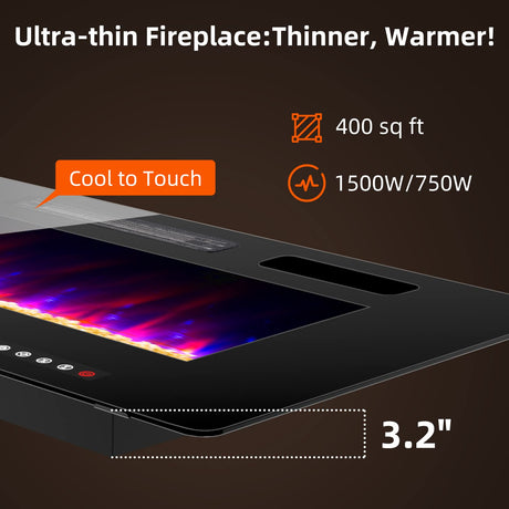 BREEZEHEAT 60 inch Electric Fireplace Wall Mounted/Freestanding-Ultra Thin Fireplace Inserts for Living Room with Heater, Remote Control, Touch Screen, Led Flame, 8H Timer, 750w/1500w BREEZEHEAT