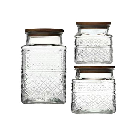 Livejun Glass Storage Jars Vintage Embossed Canisters Food Cereal Storage Containers with Bamboo Lid, Decorative Jars for Kitchen Counter,Pantry,Set 3-Piece Glass Jars in 60oz/40oz/20oz (Square) Livejun