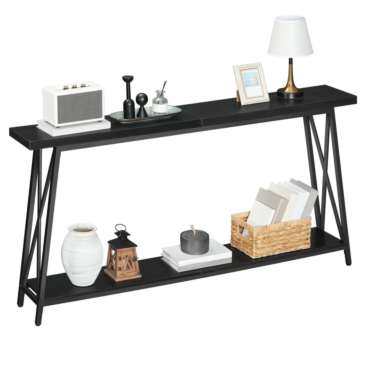 MAHANCRIS Console Table, 63" Industrial Entryway Table, Extra Long Sofa Table Behind Couch, X-Shaped Support, for Entryway, Hallway, Living Room, Black CTHB4801