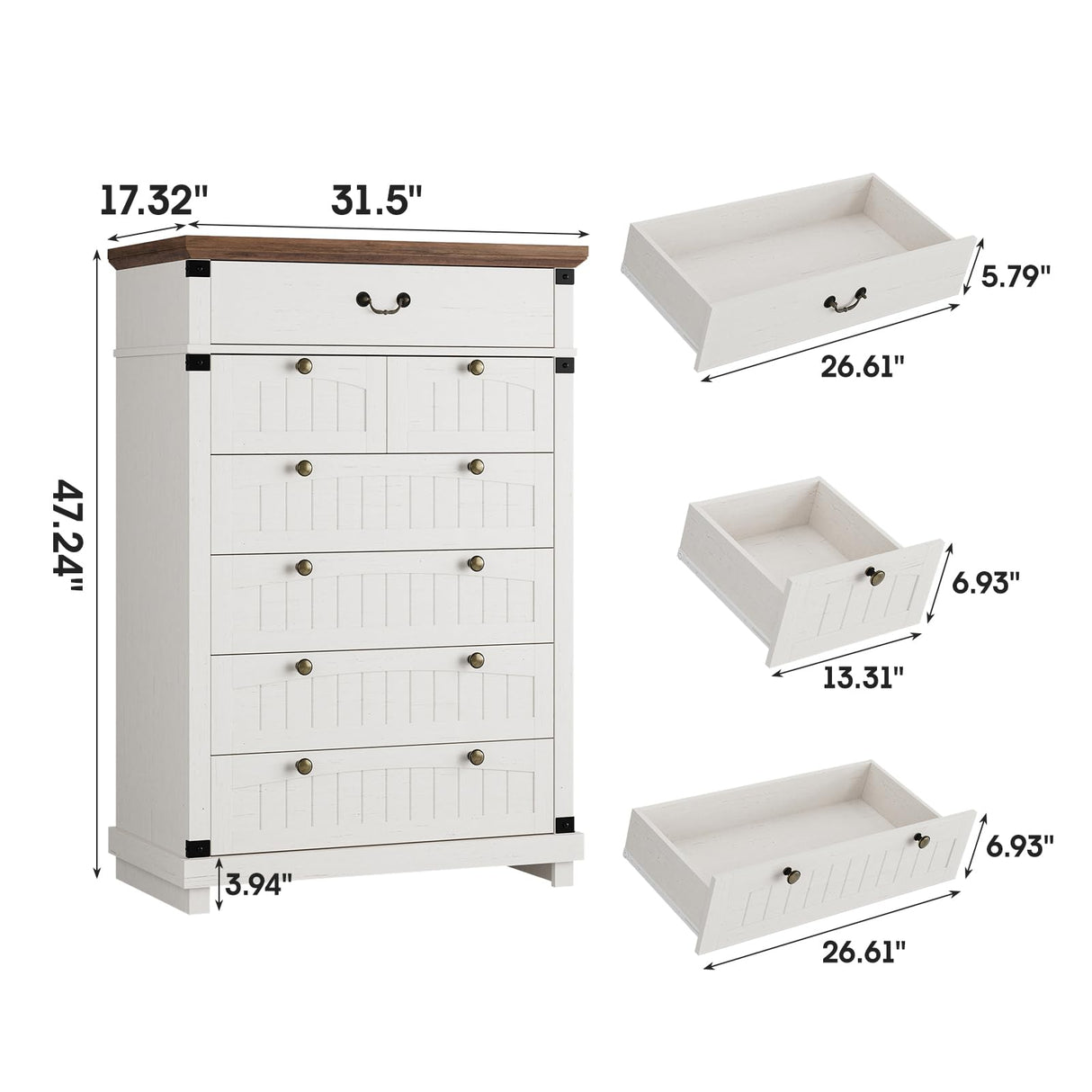 Maupvit Farmhouse 7 Drawer Dresser for Bedroom, 47" Tall Dresser Wood Chest of Drawers, Organizer Drawers for Bedroom, Living Room, Storage Room, Antique White Maupvit