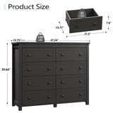 Dresser for Bedroom with 8 Drawers, Farmhouse Wood Chest of Drawers, Wide TV Stand Closet Storage Furniture with Metal Handle, Modern Clothes Organizer for Hallway, Living Room, Entryway, Black Xixini