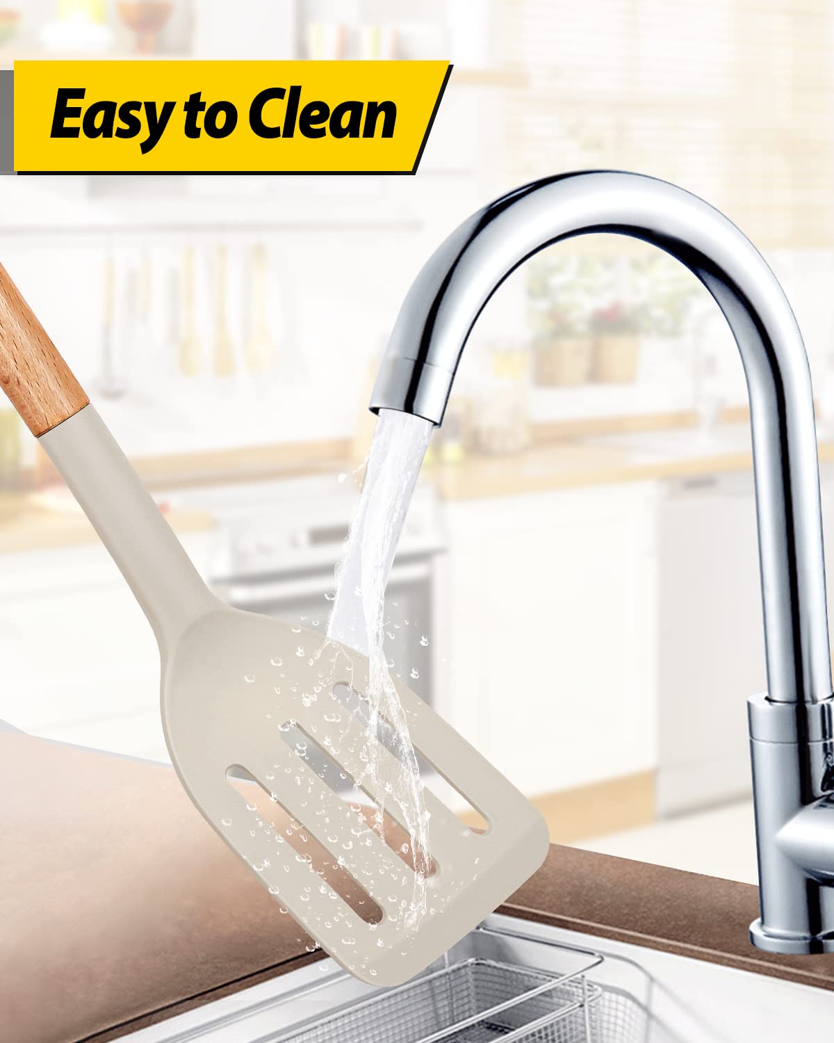 Pack of 2 Silicone Cooking Spatula, Heat Resistant Solid Turner, Non Stick Slotted Spatulas with Wooden Short Handle,Ideal Wood Kitchen Utensils Set for Frying, Baking, Flipping, Turning BUNDLEPRO