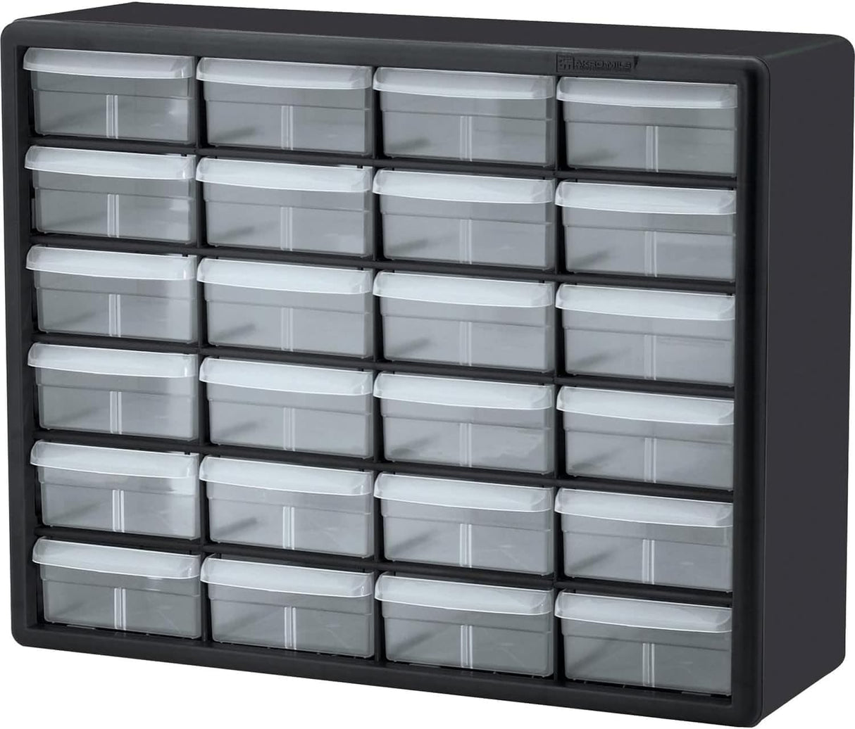 Akro-Mils 10124 24-Drawer Plastic Drawer Storage Cabinet for Garage Organization, Bead Organizer, Lego Storage, Teacher Toolbox, Makeup Organizer, and More, 20-Inch W x 6-Inch D x 16-Inch H, Black Akro-Mils