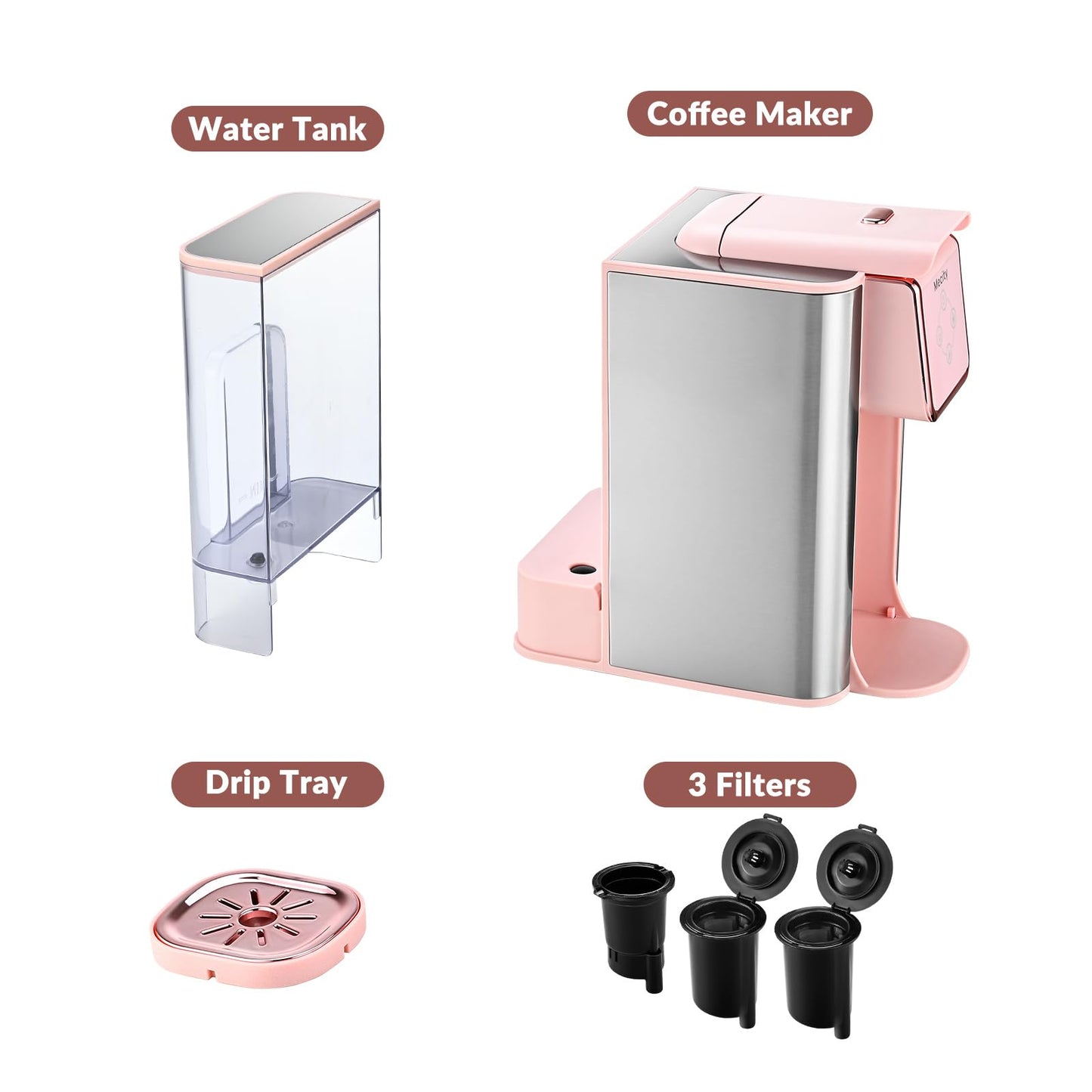 Mecity Pink Coffee Maker 3-in-1 Single Serve Coffee Machine, For Flat Bottom Coffee Capsule, Ground Coffee, 6 to 10 Ounce Cup, Removable 50 Oz Water Reservoir, 120V 1150W