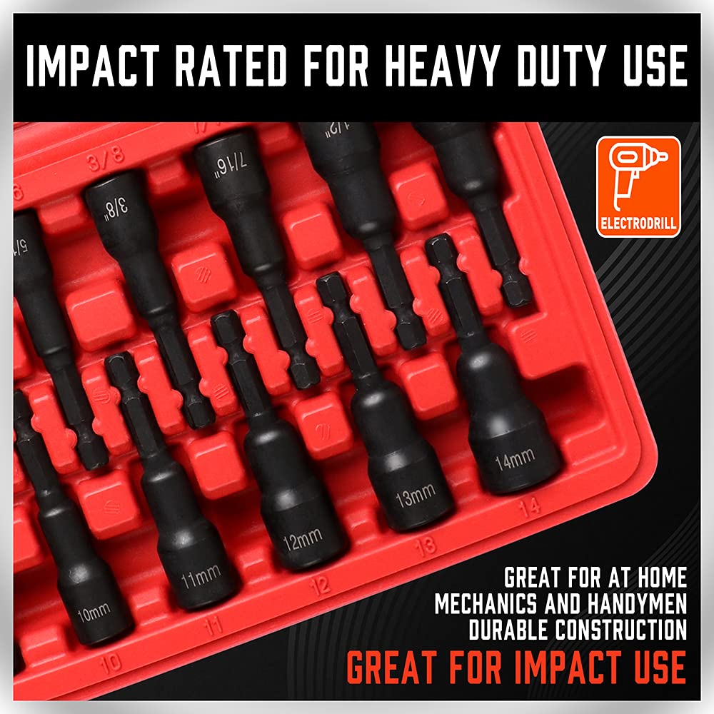 12-Piece Magnetic Nut Driver Set - Premium Impact Power Hex Nut Driver Drill Bit Master Kit, SAE & Metric, 1/4-Inch Quick-Change SEDY