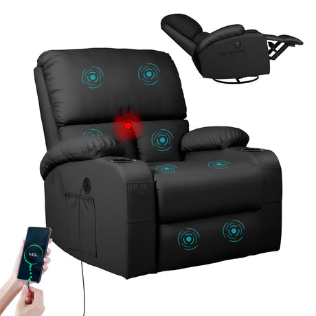 LEVELEVE Rocking Recliner Chair, Massage Rocker Recliner Chair with Vibration Massage and Heat, USB and Type-C Ports,360° Swivel Faux Leather Chairs, Living Room, Bedroom, Nursery, RV, Black LEVELEVE