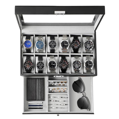 GUKA Watch Box 12 Slot Watch Display Organizer Leather Jewelry Case Drawer Glass Birthday for Men Women, Child Husband Dad GUKA