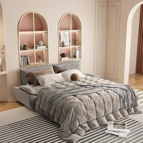 UPYOOE 70.1" Futon Sofa Bed Queen Size, Pull Out Bed, 3-in-1 Convertible Sleeper Sofa with 2 Soft Pillows, Modern Velvet Futon Couch for Living Room, Small Space, Apartment, Bedroom, Grey UPYOOE