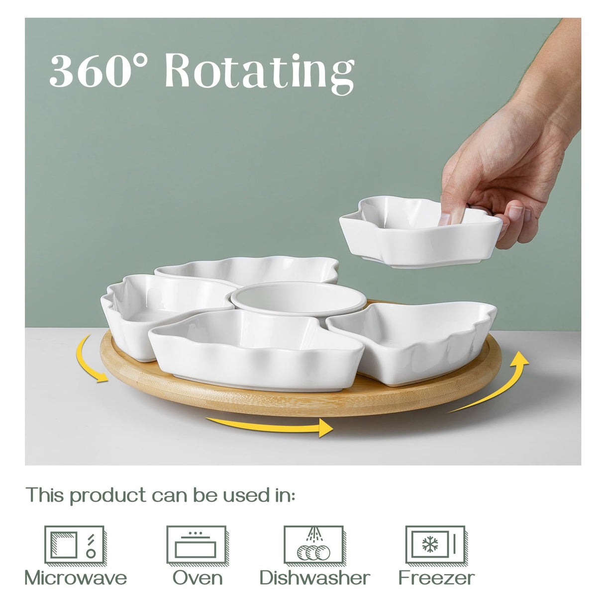 DOWAN 360° Rotatable Serving Tray and Platters, 12 Inch Divided Serving Bowls for Party, Kitchen Decor, Removable Serving Dishes for Chips and Dip, Fruit, Veggies, Candy and Snacks, 7 Pieces, White DOWAN