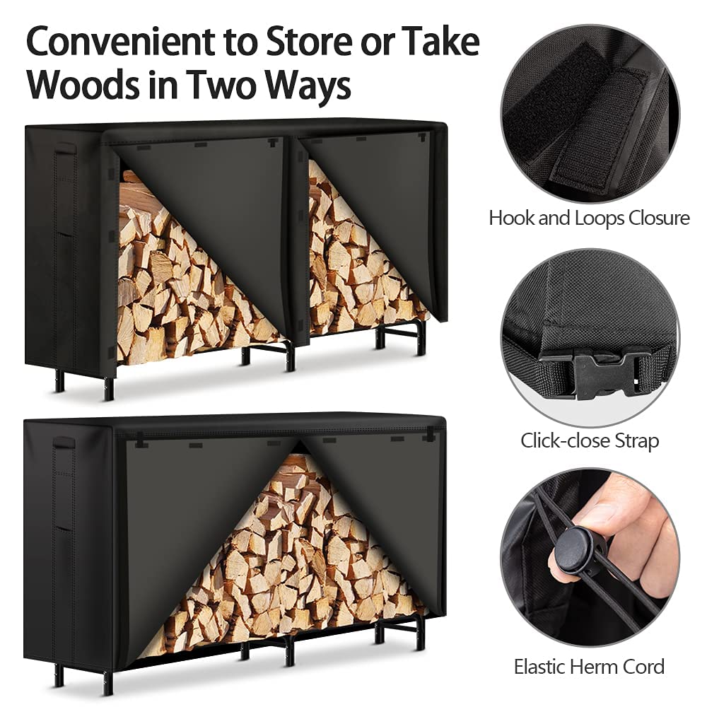 AMAGABELI GARDEN & HOME 8ft Firewood Log Rack Cover Weatherproof Outdoor Heavy Duty Waterproof 600D Oxford Fabric Fireplace Logs Holder Covering Fire Wood Storage Covers Black - WoodArtSupply