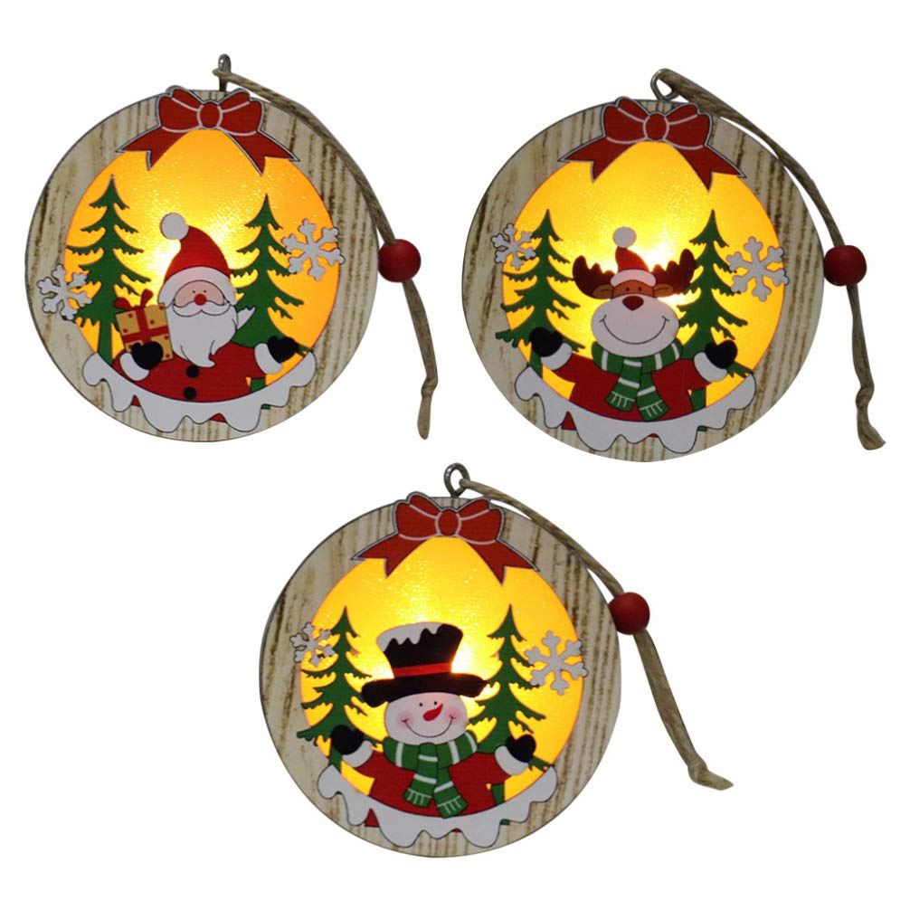 Amosfun 3pcs LED Light Up Christmas Wooden Ornaments Wood Round Shapes with Reindeer Snowman Santa Claus Pattern Hanging Christmas Tree Decoration Christmas Night Lights