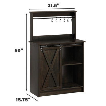 4ever2buy Farmhouse Coffee Bar Cabinet with Sliding Barn Door, 50'' Farmhouse Coffee Bar with 6 Hooks, Coffee Bar with Hutch for Living Dining Room, Dark Oak - WoodArtSupply