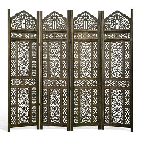 5.75Ft Room Divider Wood Screen, 33Lbs Durable Antiqued Style MDF Carved Headboard, Reversible Freestanding Folding Partition Paravent for Home Terrace, 69 * 71 inch(H*W) - 4 Panels (Antique Brown) Svimi