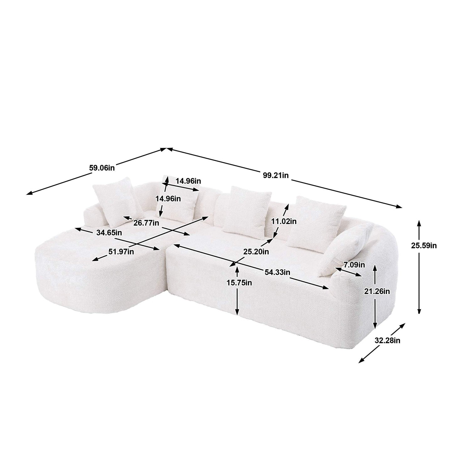 ONEMMLION Modular Sectional Couch Curved Corner Sofa, Comfy Upholstered L-Shape Boucle Sofa with Chaise Lounge, 3 Seater Cloud Sofa for Living Room, Apartment, Beige White