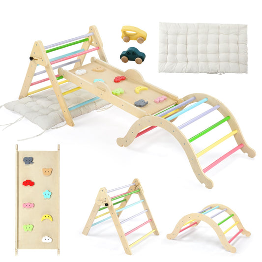 JOYMOR 9-in-1 Pikler Triangle Set with Cushion for Toddlers, Montessori Wooden Climbing Toys for Toddlers with Colorful-Patterns Rocks, Seesaw, Arch, Foldable Ladder, Ramp, Baby Indoor Climbing Gym