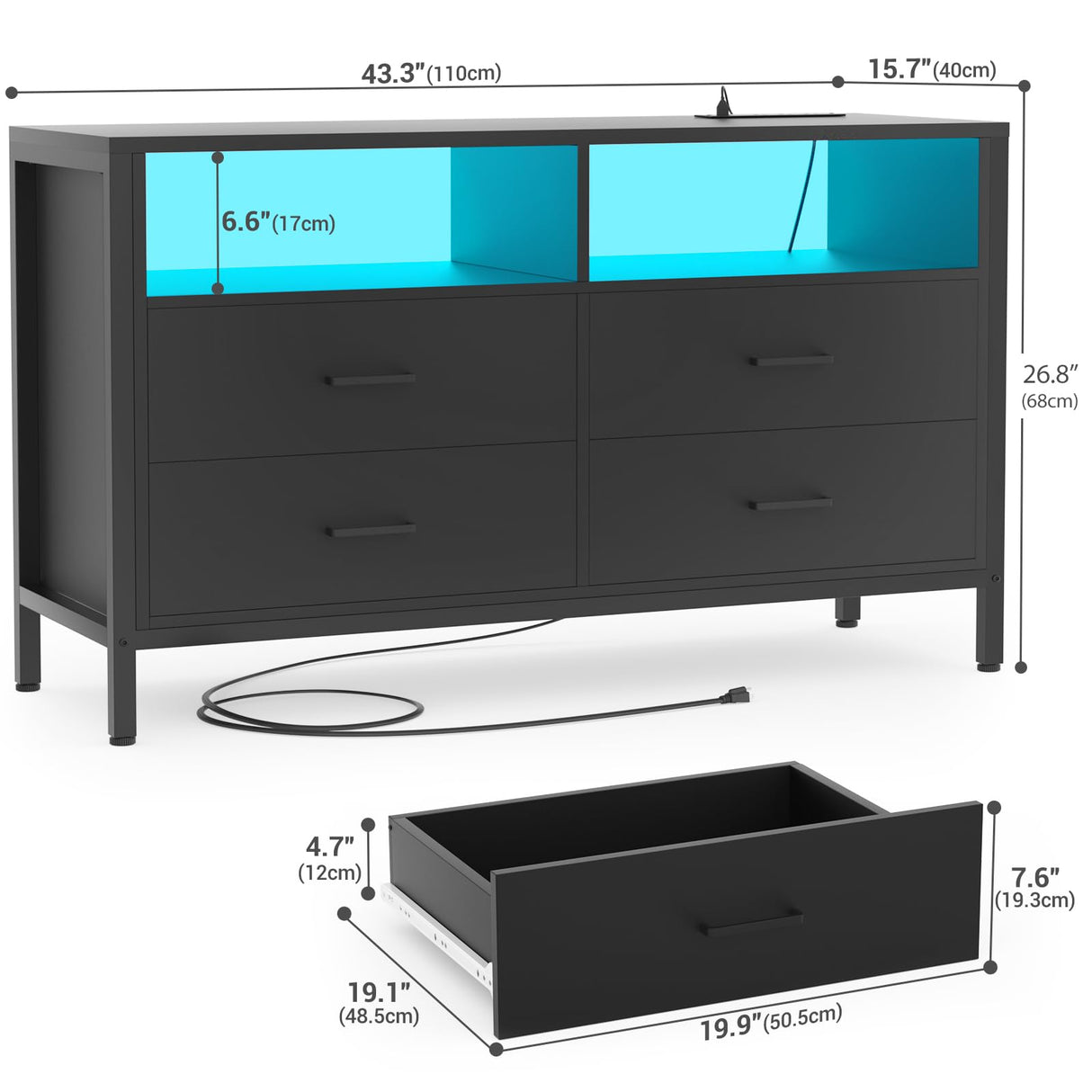 Girapow Dresser for Bedroom, Wooden Bedroom Dresser with LED Lights and Charging Station, 4 Drawers Dressers, Wide Chest of Drawers Storage Organizer TV Stand for up to 50" TV for Living Room, Black Girapow