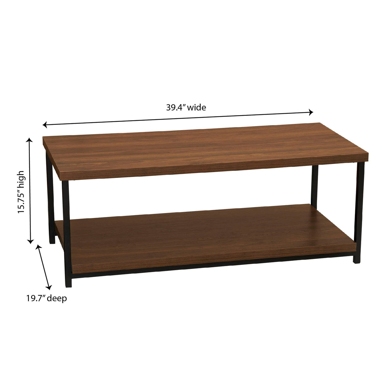 Household Essentials Jamestown Rectangular Coffee Table with Storage Shelf Mid Century Walnut Wood Grain and Black Metal Household Essentials