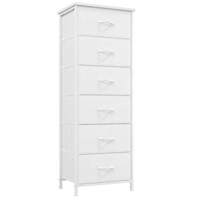 Somdot Tall Dresser for Bedroom with 6 Drawers, Storage Organizer Chest of Drawers with Removable Fabric Bins for Closet Bedside Living Room Laundry Entryway Hallway, White Leather