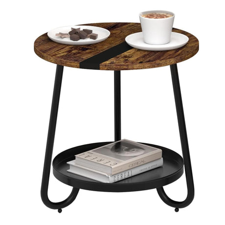 MOFAIN 2 Tier Coffee Table in Living Room, Industrial Style Round Coffee Table with Metal Tray, Wood Small Outdoor Coffee Table for Bedroom Balcony Patio, Rustic Brown MOFAIN