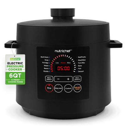 NutriChef Electric Pressure Cooker 6 Quart Capacity | 9 Function Digital Countertop Pressure Cooker | Adjustable Time & Temperature | Cook, Bake, Steam, & Braise | 13.1 x 11.4 IN | Black