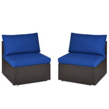 Tangkula 2 PCS Outdoor Wicker Armless Sofa, Patio Rattan Sectional Sofa Set w/2 Thick Seat Cushions and 2 Back Cushions, Additional Seats for Balcony Garden Patio Poolside (Navy Blue) Tangkula