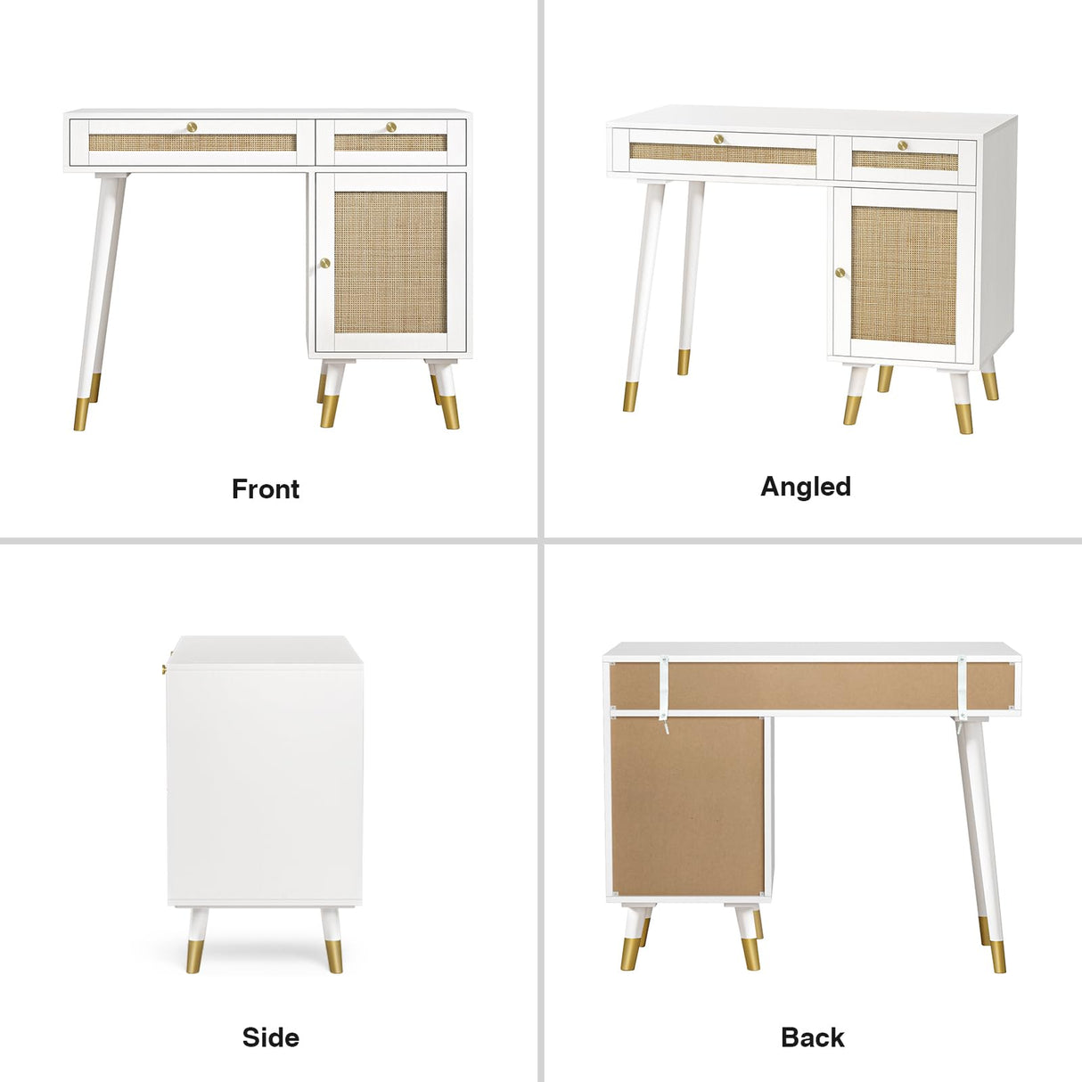 Anmytek Rattan Vanity Desk with Drawers and Storage, White Makeup Vanity Table Modern Home Office Desk Computer Desk for Study D0006 Anmytek