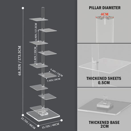 Nynelly 9 Tier Acrylic Bookshelf Invisible Bookshelf, Height Adjustable Vertical Spine Book Tower, Floor Standing Bookcase Display Shelf for Books,Decor, DIY Open Bookcase for Office, Living Room Nynelly