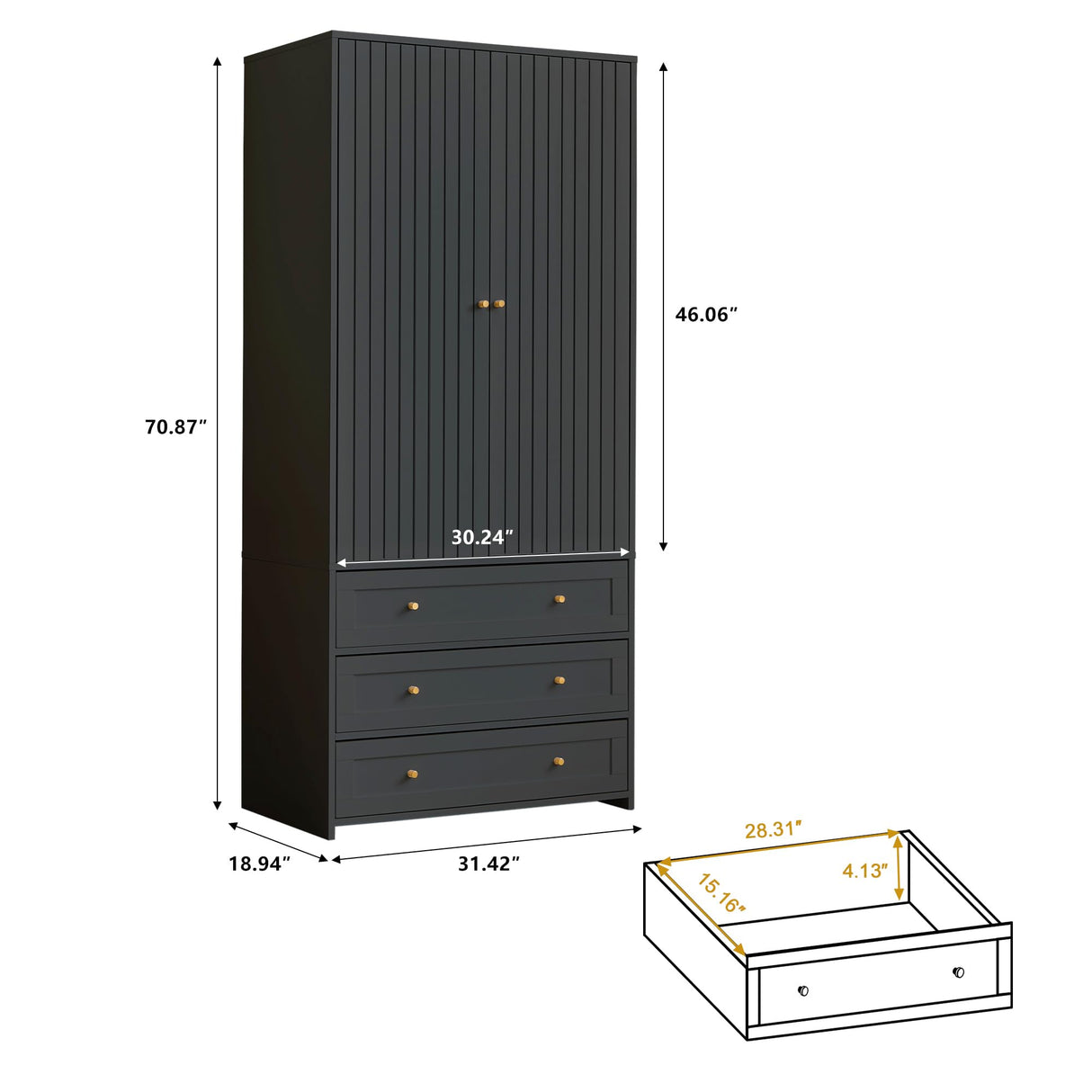 LEVNARY Wardrobe Armoire Closet, 2-Door Wardrobe Cabinet with 3-Drawer and Hanging Rod, Modern Bedroom Armoire Clothing Organizer Freestanding Closet (Black) LEVNARY