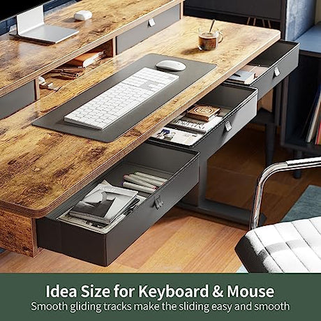 FEZIBO Height Adjustable Electric Standing Desk with 5 Drawers, 55 x 24 Inch Table with Storage Shelf, Sit Stand Desk Black Frame/Rustic Brown Top, FEZIBO